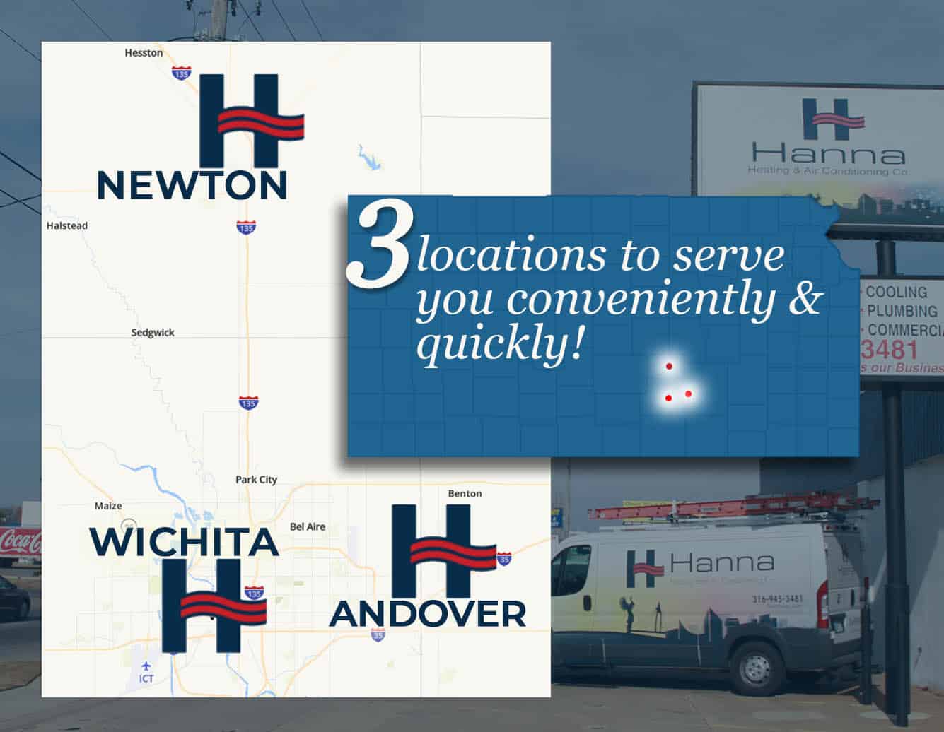 3 locations map to provide quick emergency furnace and AC repair in Newton, Wichita and Andover Kansas