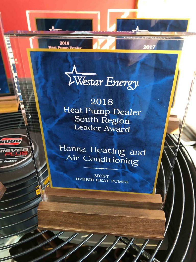 Picture of an award that Hanna Heating and Air won for selling the most heat pumps. Given to them by Westar Energy