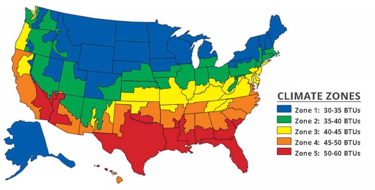 Graphic of US showing climate zones in determining correct furnace size BTU