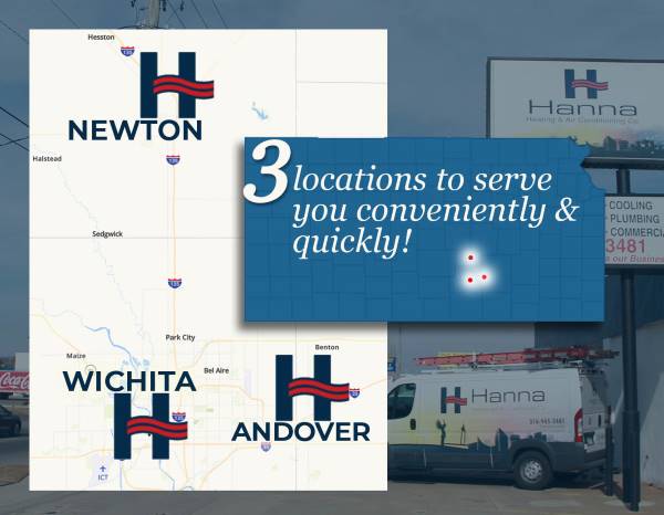 Kansas map showing Hanna locations in Wichita, Andover and Newton