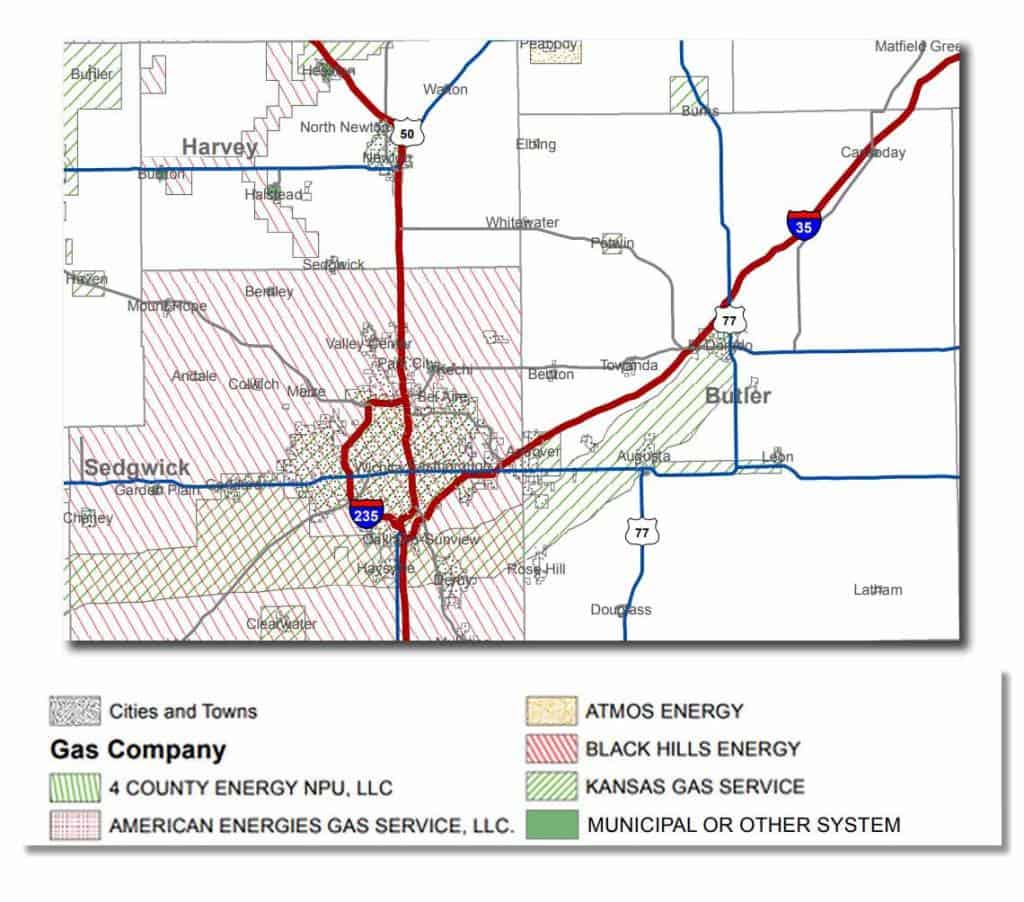 Map of Sedgwick, Butler and Harvey County showing which gas utility company services them