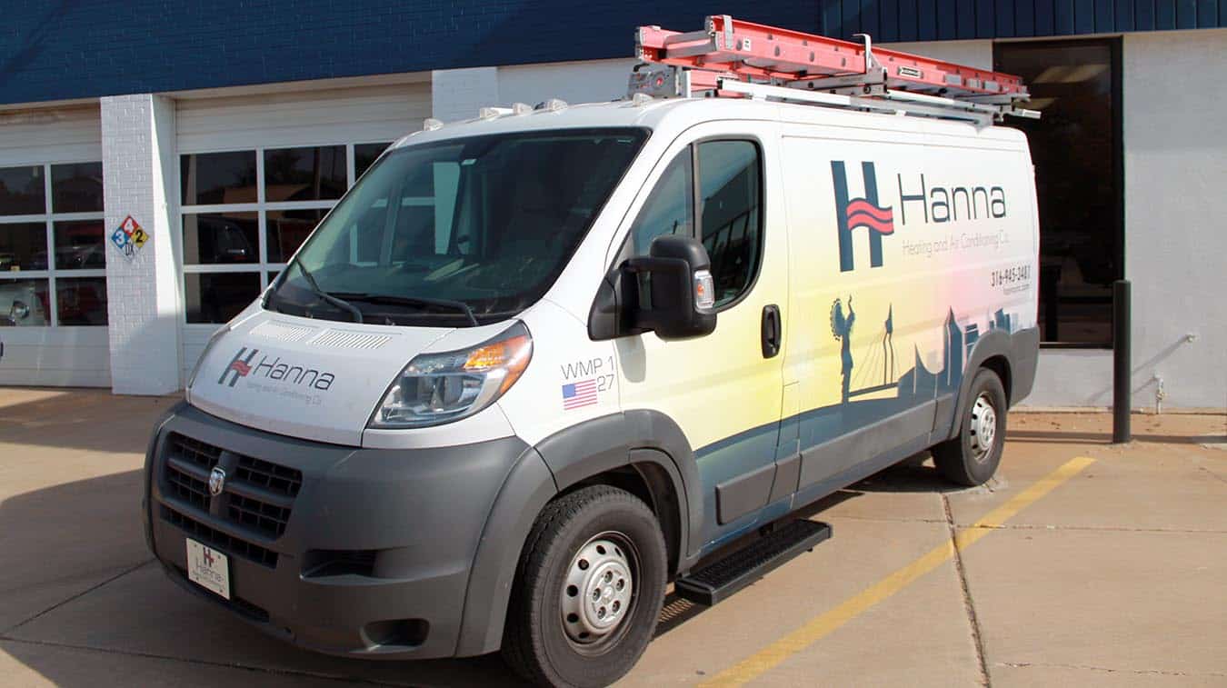 Hanna Heating & Air HVAC truck outside Wichita shop