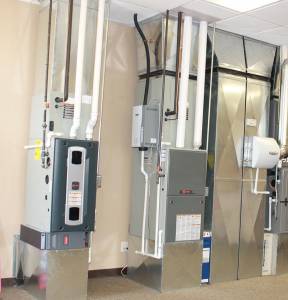 Gas furnaces on display in Hanna’s Wichita HVAC shop location